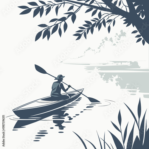 A lone kayaker paddles across a calm body of water under a partially clouded sky framed by lush foliage high quality professional