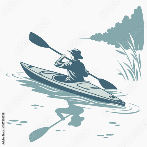 A stylized illustration depicts a kayaker paddling across calm waters surrounded by reeds and a distant blurred shoreline high quality professional detailed