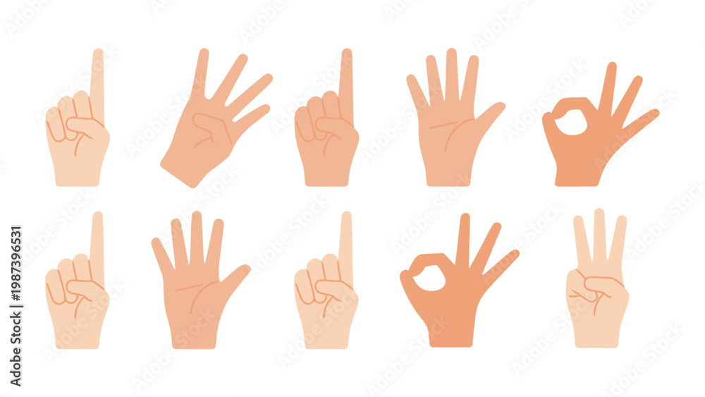 Fototapeta premium Hand gesture icon vector set, peace sign, OK sign, counting fingers, and human hand symbols for communication, emoji style, and UI design