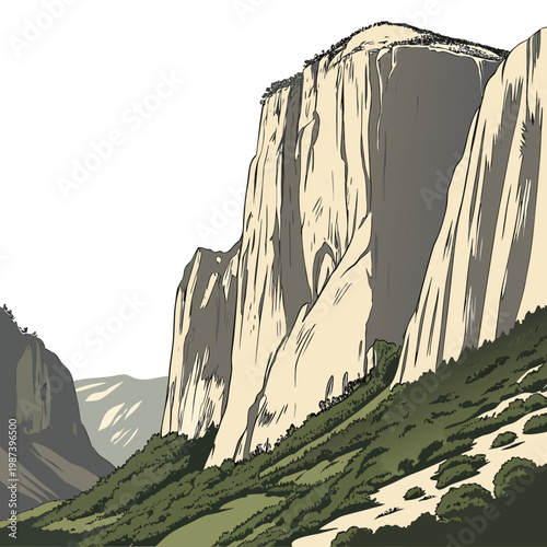 Photos A stylized illustration depicts el capitan a vast granite cliff face with surrou