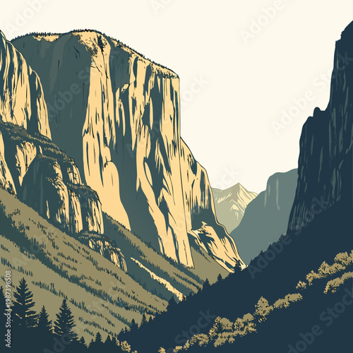 Konstfotografi A stylized illustration depicts yosemite valley s iconic el capitan and half dom