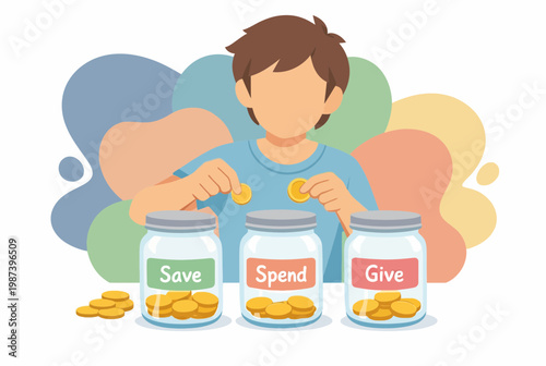 Boy Learning Financial Literacy with Save Spend and Give Jars