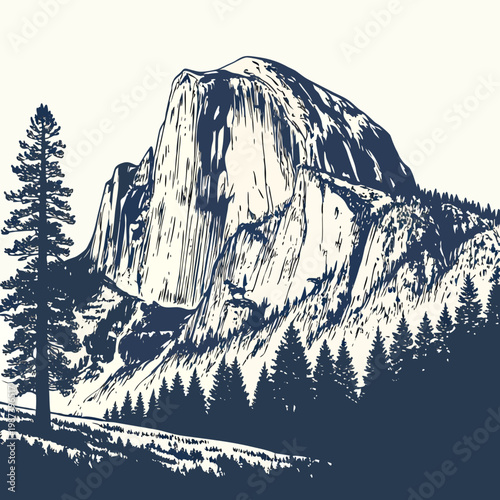 A detailed sketch depicts yosemite s el capitan a massive granite monolith alongside tall evergreen trees and a forested landscape high quality