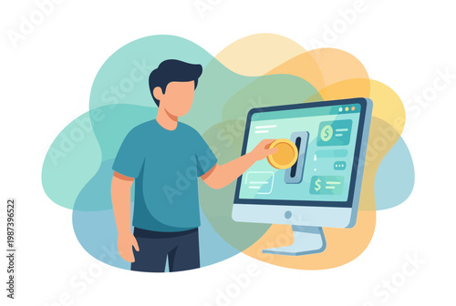 Man Inserting Coin into Computer Monitor for Online Saving and Finance
