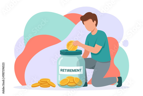 Man saving gold coins in a retirement jar for financial planning