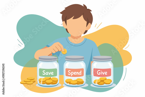 Child Learning Money Management with Save Spend and Give Jars