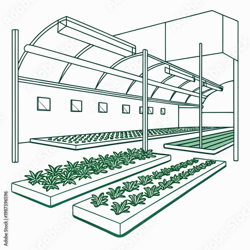 A detailed line drawing depicts a modern greenhouse structure with raised garden beds and lush green plants inside high quality professional elegant