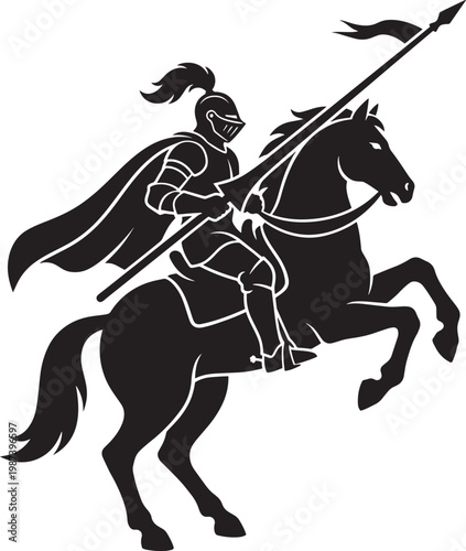Black silhouette of a knight on horseback with spear