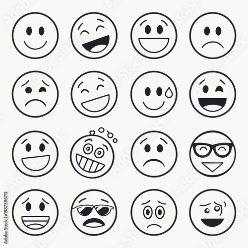 A collection of sixteen black and white line art emoticons displays various human expressions ranging from happiness to sadness and surprise