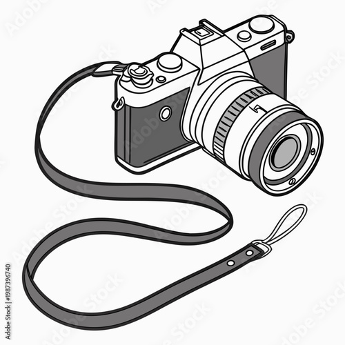 A detailed line drawing depicts a vintage rangefinder camera with a strap and accompanying wrist cord for secure handling high quality professional