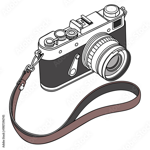 A detailed illustration depicts a vintage rangefinder camera with a lens strap and various controls presented in a minimalist style high quality