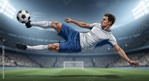 Vector art of a soccer player in motion, kicking the ball forcefully. Dynamic pose, highly detailed muscles, and uniform without marks.