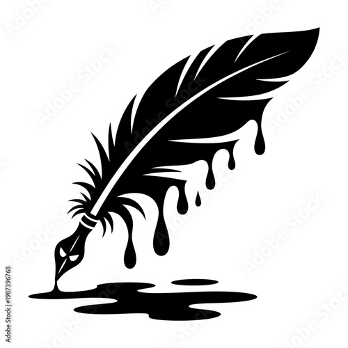 dripping feather quill silhouette with ink drops gothic writing pen vector illustration dark artistic design isolated black symbol for calligraphy horror fantasy concept