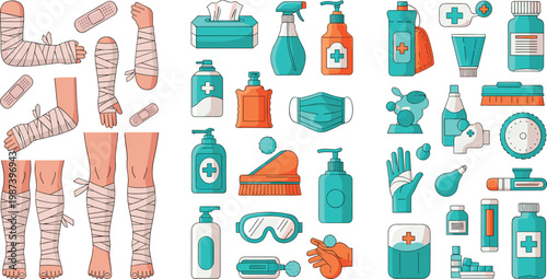 First Aid Medical Supplies and Injury Treatment Illustration Set with Bandaged Limbs, Medicine Bottles, Hygiene Tools, and Healthcare Emergency Equipment Collection