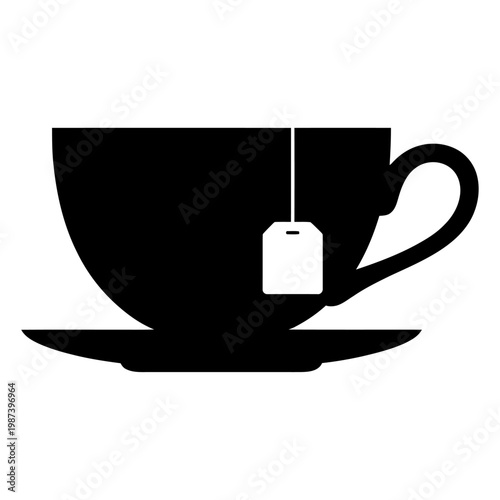 teacup with tea bag silhouette hot drink cup and saucer black and white vector illustration minimal beverage design isolated kitchen cafe concept