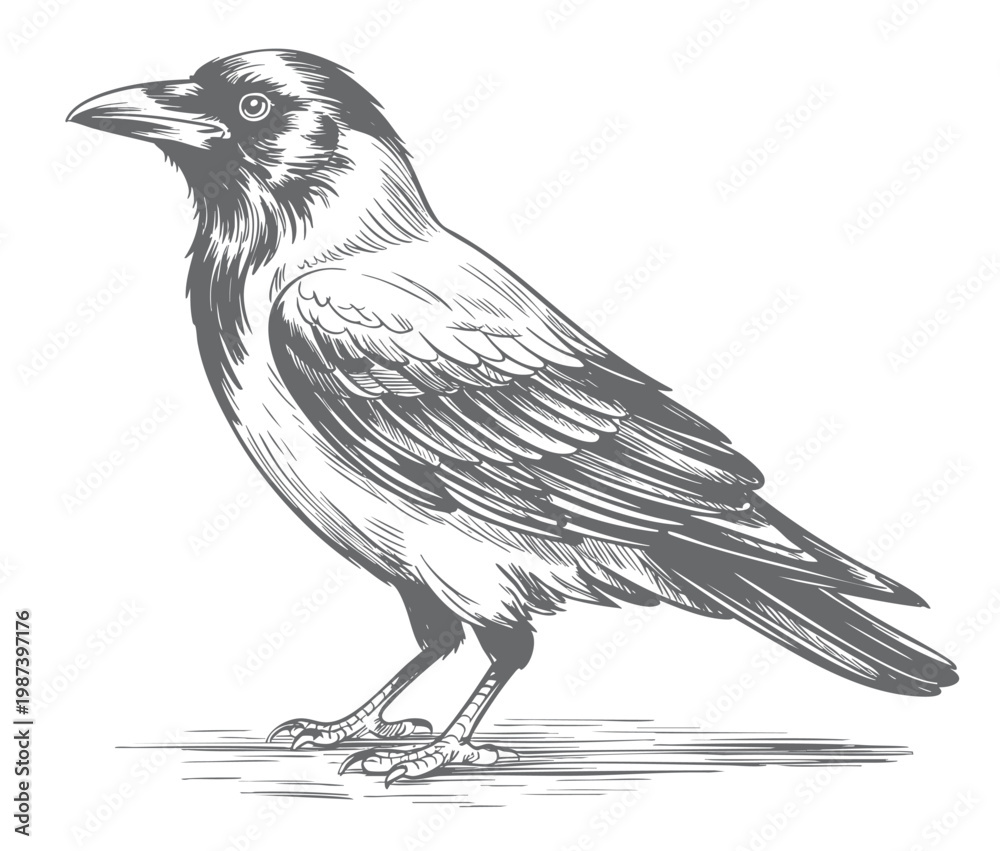 Fototapeta premium Retro crow bird standing on ground vintage engraving style line art illustration.