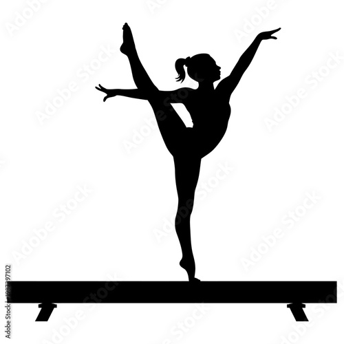 gymnast silhouette performing balance pose on beam elegant female athlete black and white vector illustration sport flexibility strength training isolated design