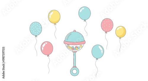 Colorful vector illustration of a birthday card featuring a happy celebration with red and yellow helium balloons tied with ribbons for a fun party decoration