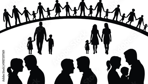 Family silhouette illustration of people holding hands in various poses