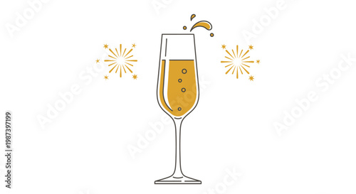 A luxury glass of champagne with a cork sits isolated on white, featuring a gold beverage full of bubbles for a celebratory anniversary party or holiday drink