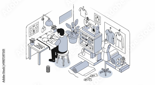 Fashion Designer Working in Creative Studio Atelier Isometric Illustration with Sewing Machine and Sustainable Fabric