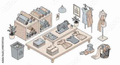 Isometric Sustainable Fashion Atelier Illustration with Sewing Machine, Organic Fabric Rolls, and Recycling Station for Eco-Friendly Clothing Production