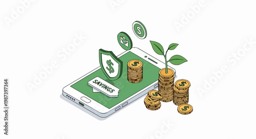 Isometric Mobile Banking App Concept for Savings, Financial Growth, and Secure Investment