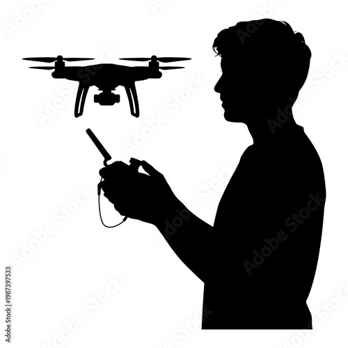 drone operator silhouette flying quadcopter with remote controller modern technology black and white vector illustration aerial photography concept isolated design