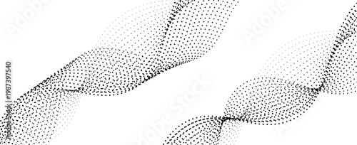 Dotted halftone waves. Abstract liquid shapes, wave effect dotted gradient texture waves isolated vector symbols set. Halftone graphic dots waves