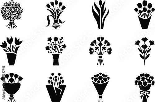 Flower Bouquet Silhouette Icon Collection Set