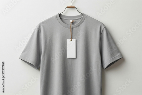 Blank white t-shirt mockup hanging on hanger gray realistic short sleeve available for custom design and branding against white background.