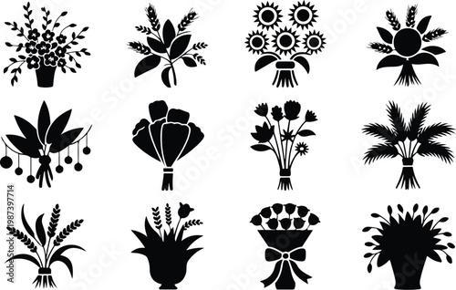 Flower Bouquet Silhouette Icon Collection Set