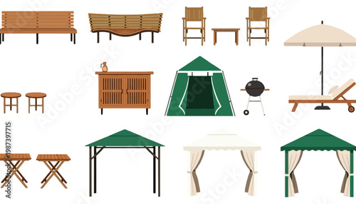 Furniture outdoor vector illustration set including patio and camping equipment
