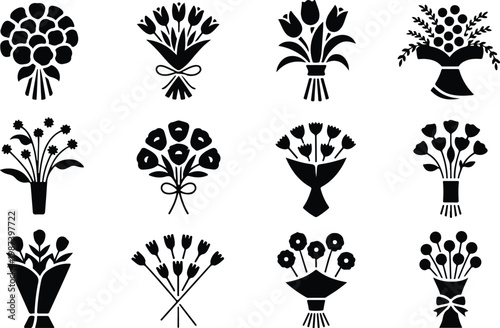 Flower Bouquet Silhouette Icon Collection Set