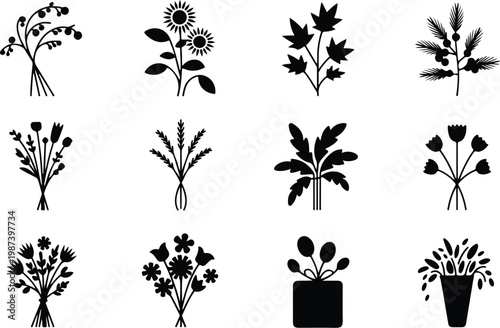 Flower Bouquet Silhouette Icon Collection Set