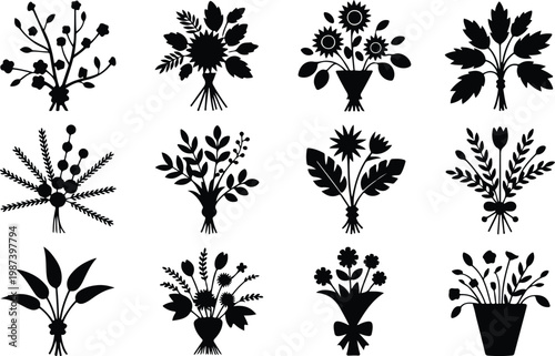 Flower Bouquet Silhouette Icon Collection Set