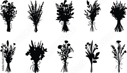 Flower Bouquet Silhouette Icon Collection Set