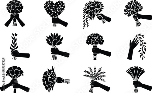 Flower Bouquet Silhouette Icon Collection Set
