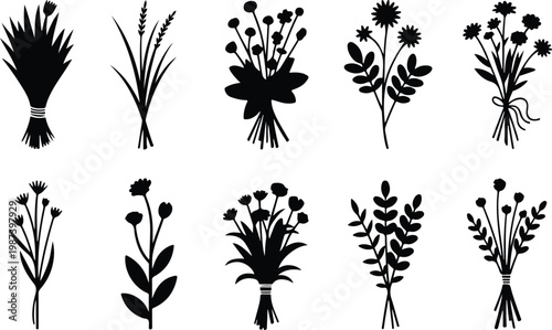 Flower Bouquet Silhouette Icon Collection Set