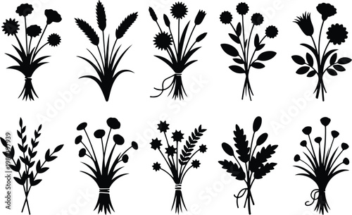 Flower Bouquet Silhouette Icon Collection Set
