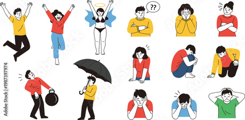 Flat Illustration Set of Human Emotions and Mental States Featuring Stress, Anxiety, Sadness, Confusion, Fear, and Happiness Expressions Isolated on White Background