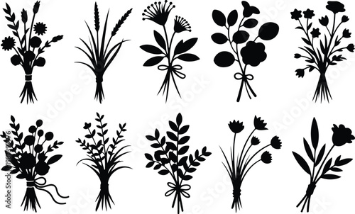 Flower Bouquet Silhouette Icon Collection Set