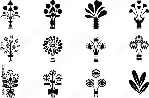 Flower Bouquet Silhouette Icon Collection Set