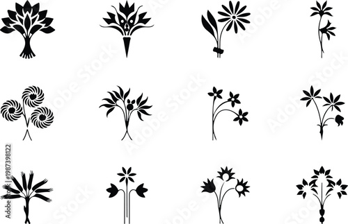 Flower Bouquet Silhouette Icon Collection Set