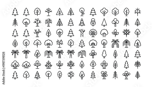 Linear icon set of various trees including conifers deciduous palms and ornamental plants vector art.
