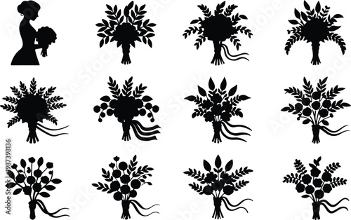 Flower Bouquet Silhouette Icon Collection Set