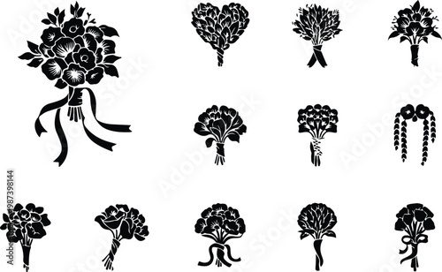 Flower Bouquet Silhouette Icon Collection Set