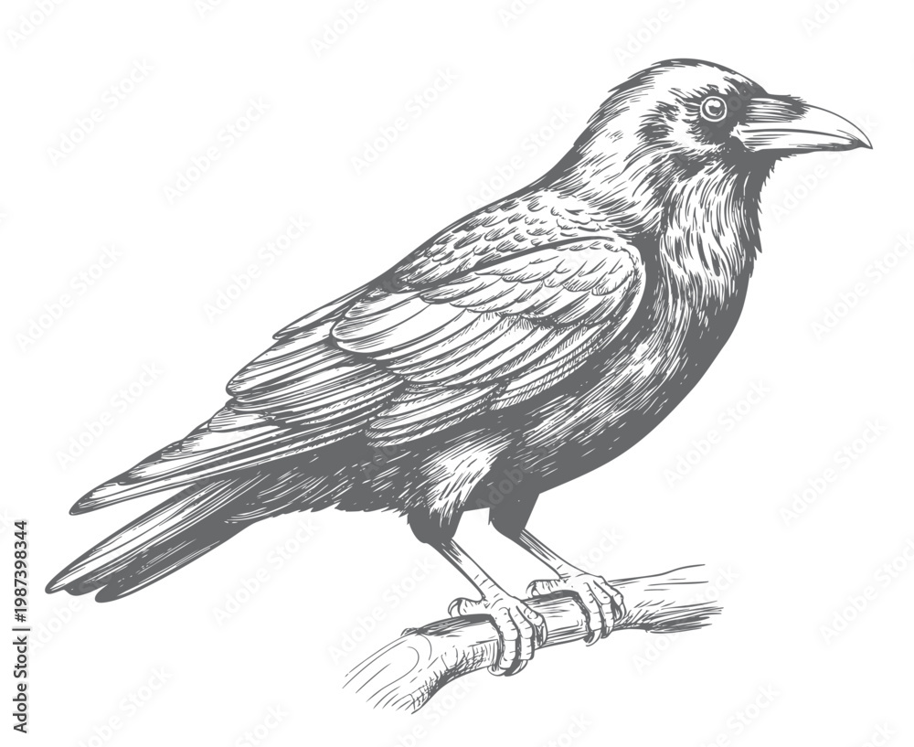 Fototapeta premium Vintage crow bird perched on branch engraving ink sketch illustration.