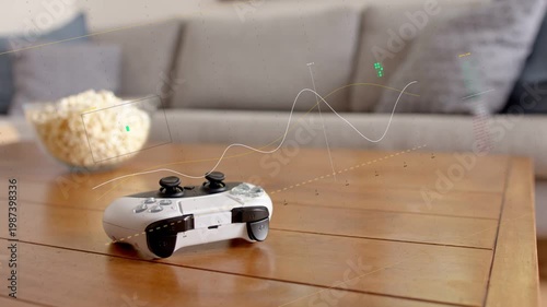 Short guide strokes near gamepad sparking 3D overlay growing across table to show gameplay flow