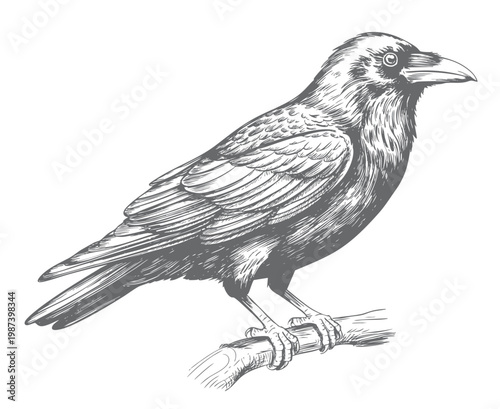 Vintage crow bird perched on branch engraving ink sketch illustration.